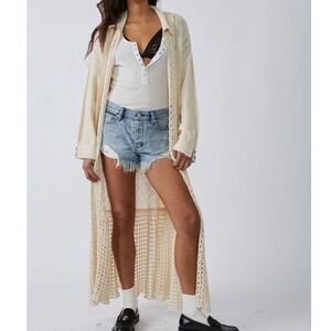 FREE PEOPLE Sunlight Crochet Knit Maxi Cardi in Sandcastle NWOT
